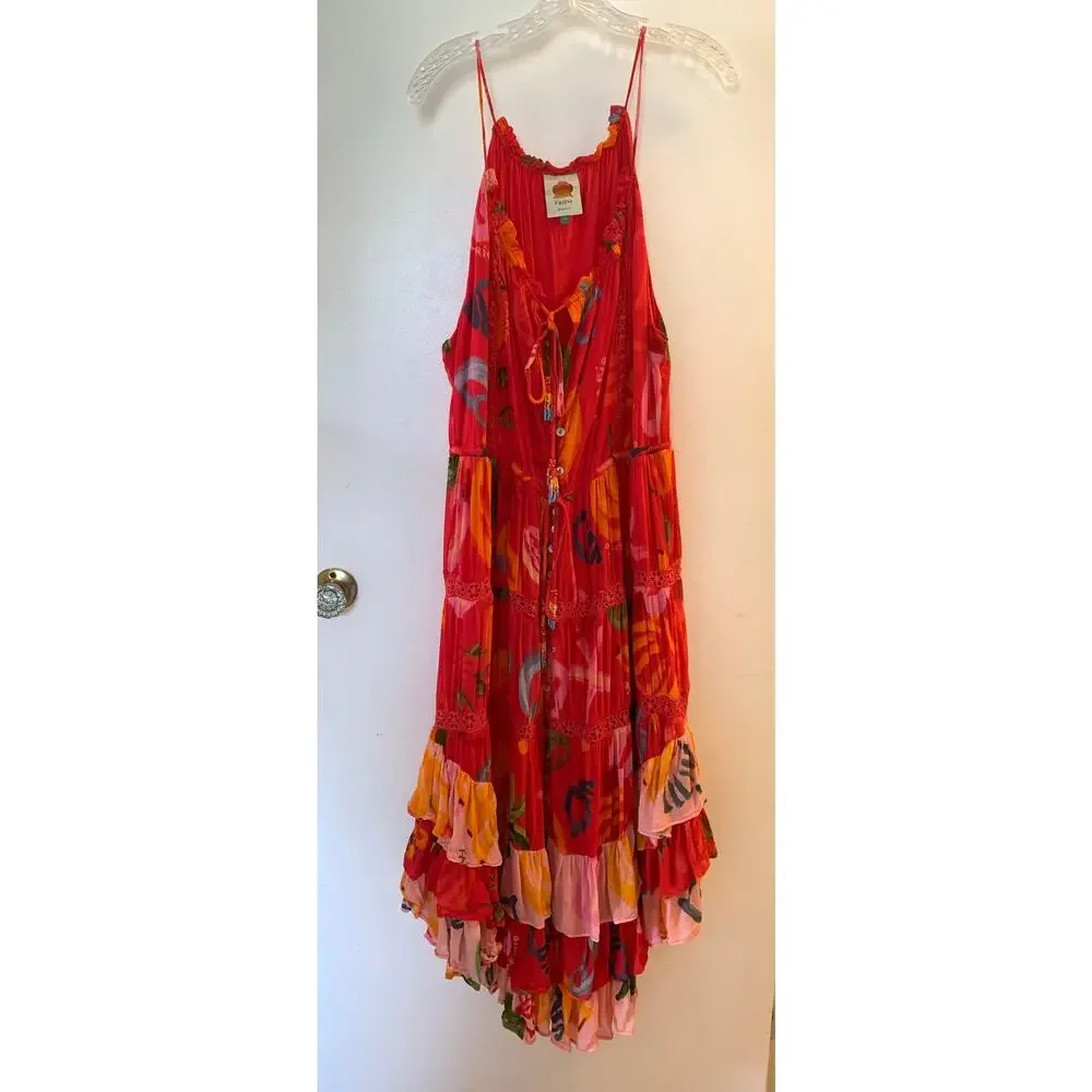 Farm Rio Mixed Fruits Ocean Maxi Dress Tiered Beaded Tassel Tropical Resort XL - Picture 6 of 16